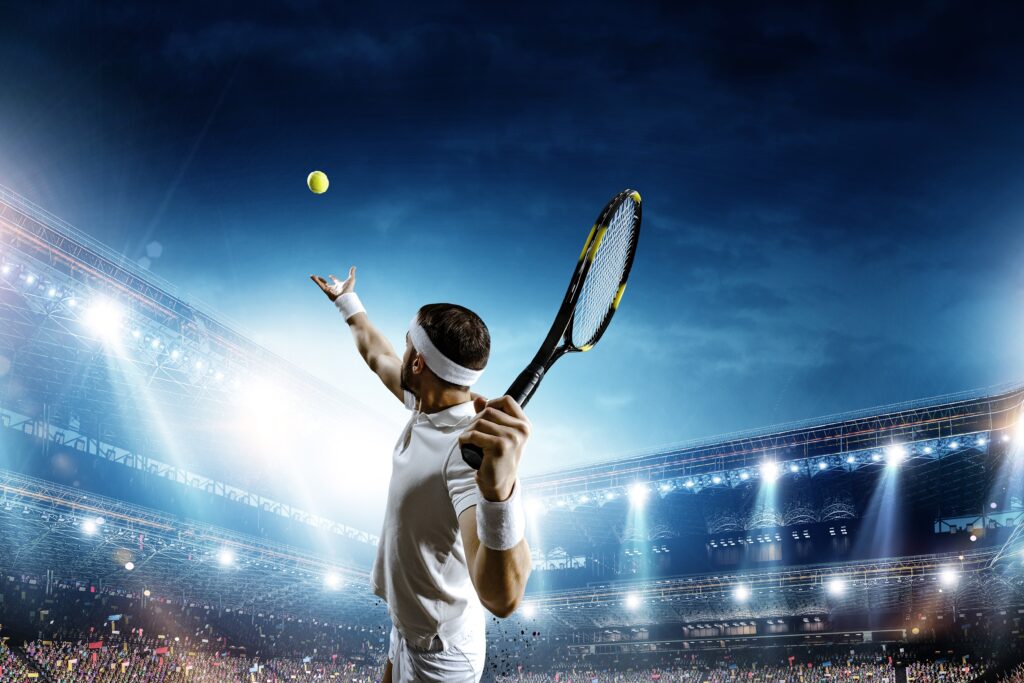 Tennis player preparing to serve the ball after engaging in mental visualization for tennis players.